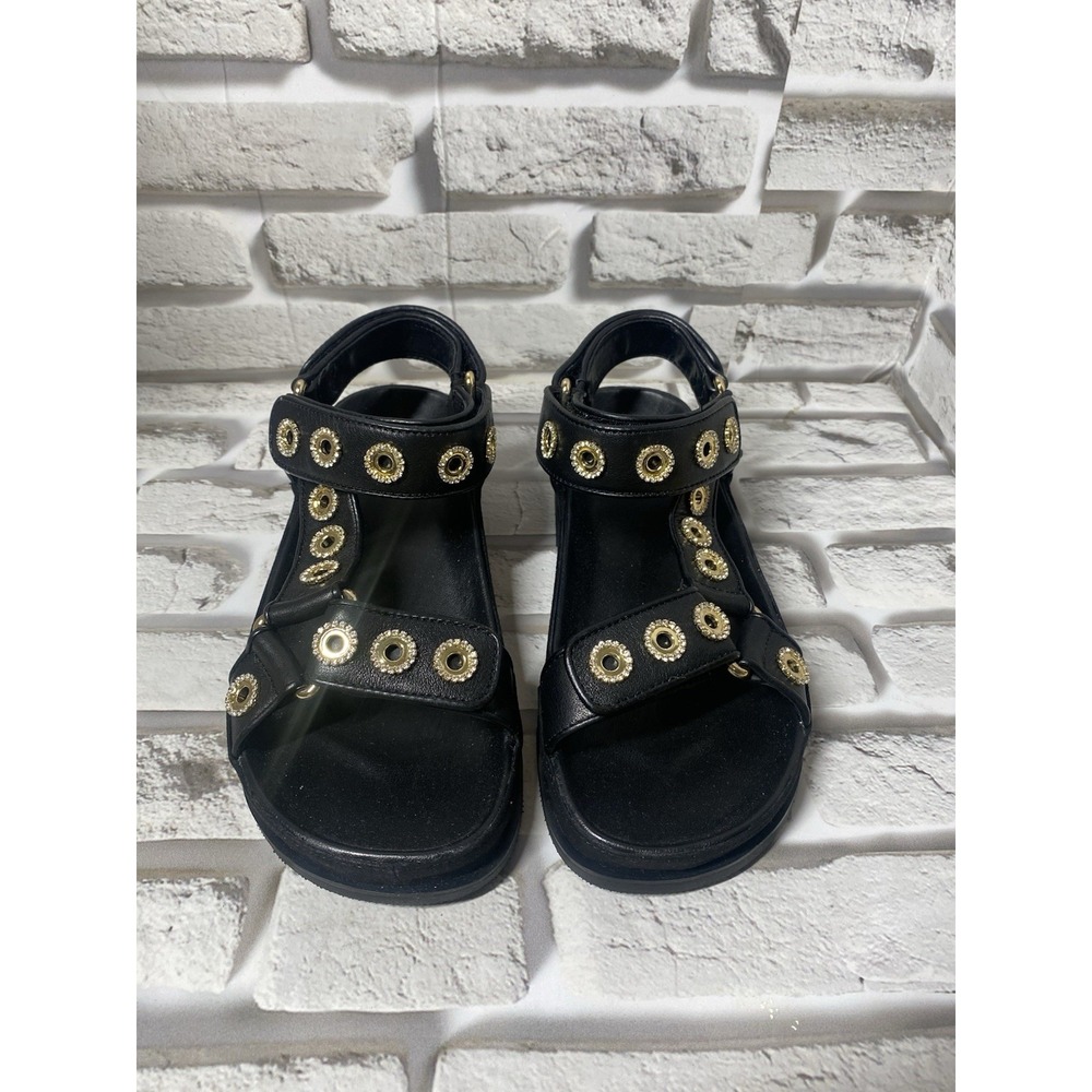 Sandro Rhinestone Hook-and-Loop Sandals‎ Black Leather Women's Size 6 - Picture 2 of 9